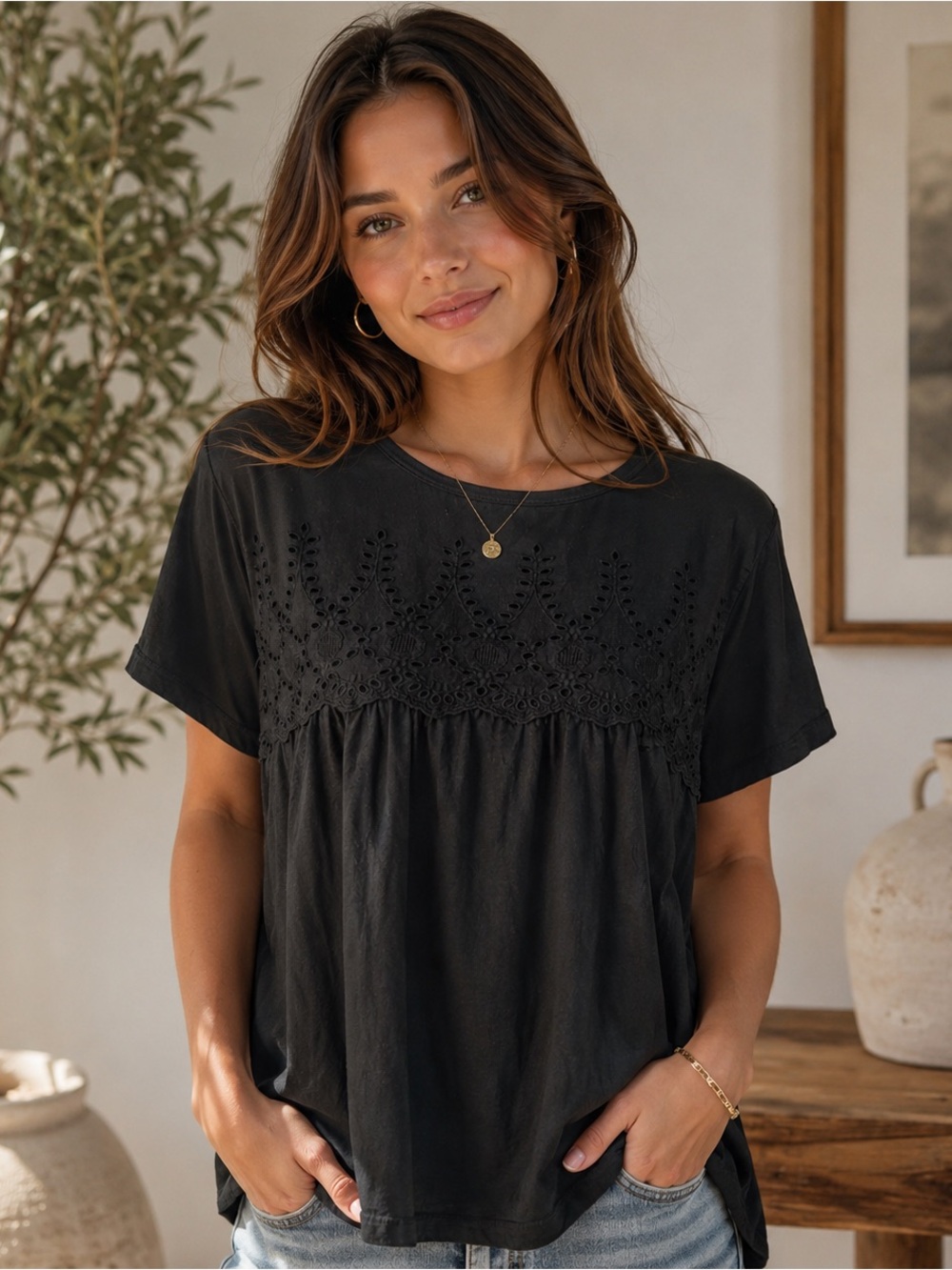 Jach Black Eyelet Lace Boho Babydoll Top | Flowy Cottagecore Tee PTP 22